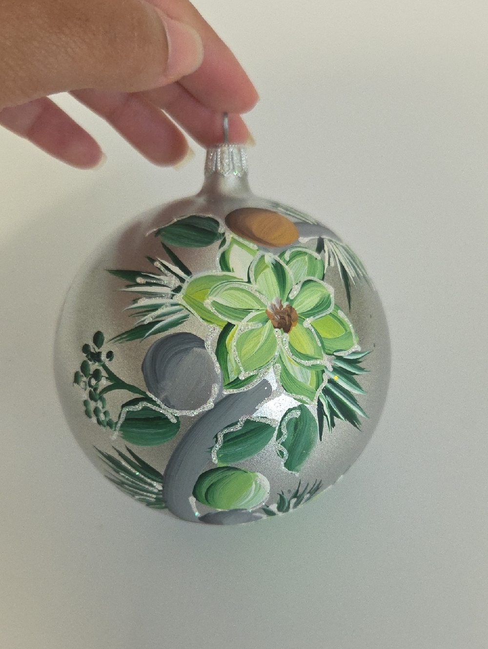 Hand-Painted Silver & Green Floral Holiday Ornament